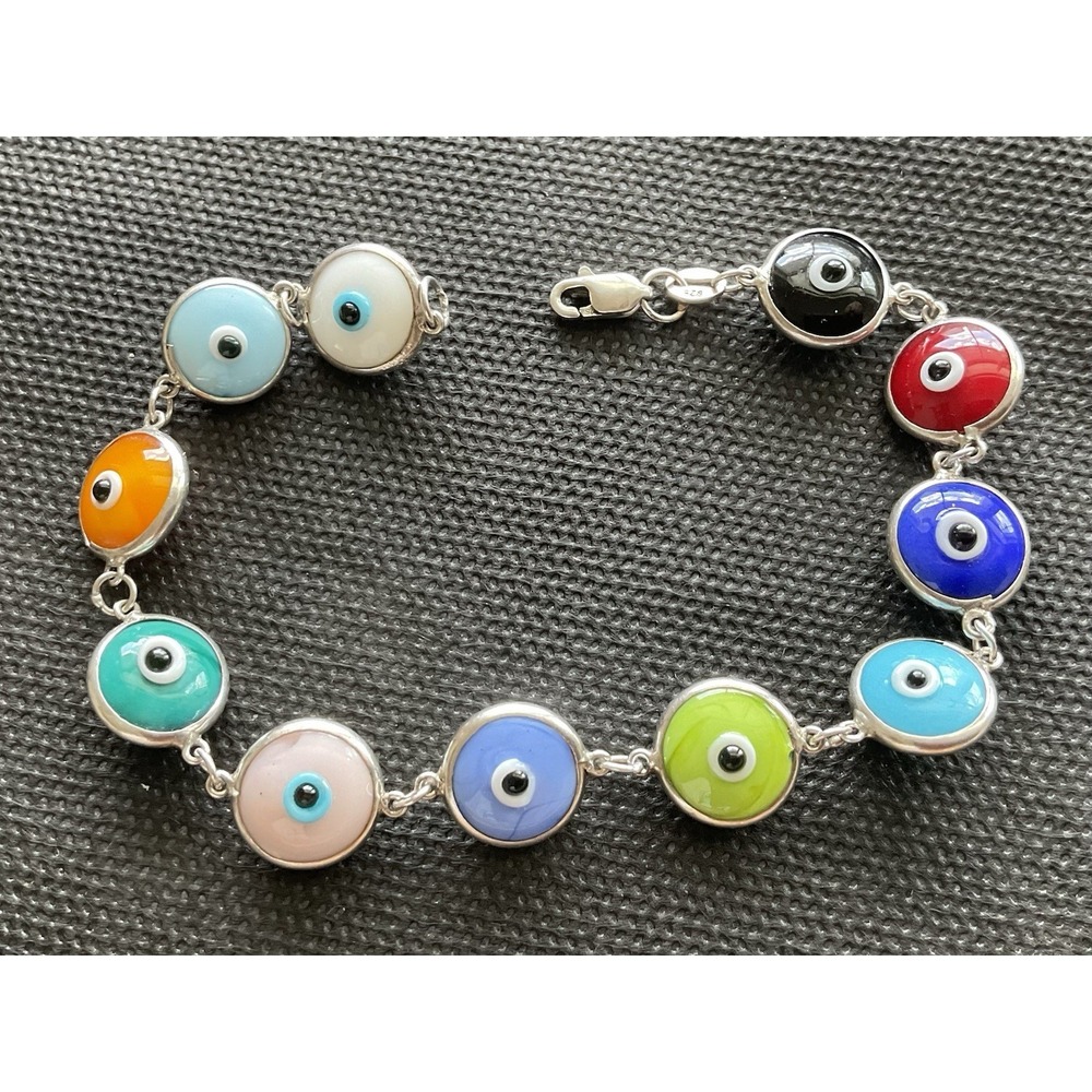 925 Sterling Silver Evil Eye Bracelet Multi Color Vintage Estate Jewelry